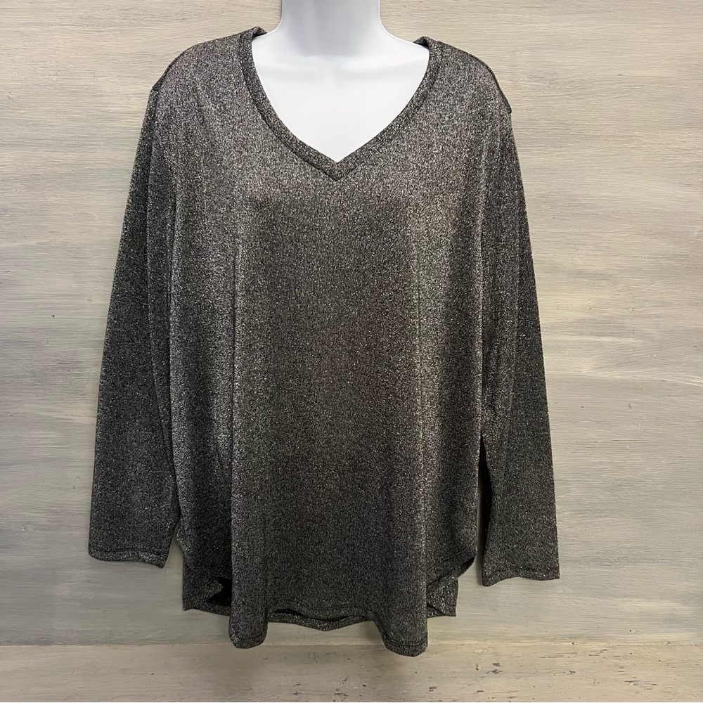 Faded Glory Metallic Silver Black Vneck Hi/Lo Knit Top Size 2XL Good Condition‎